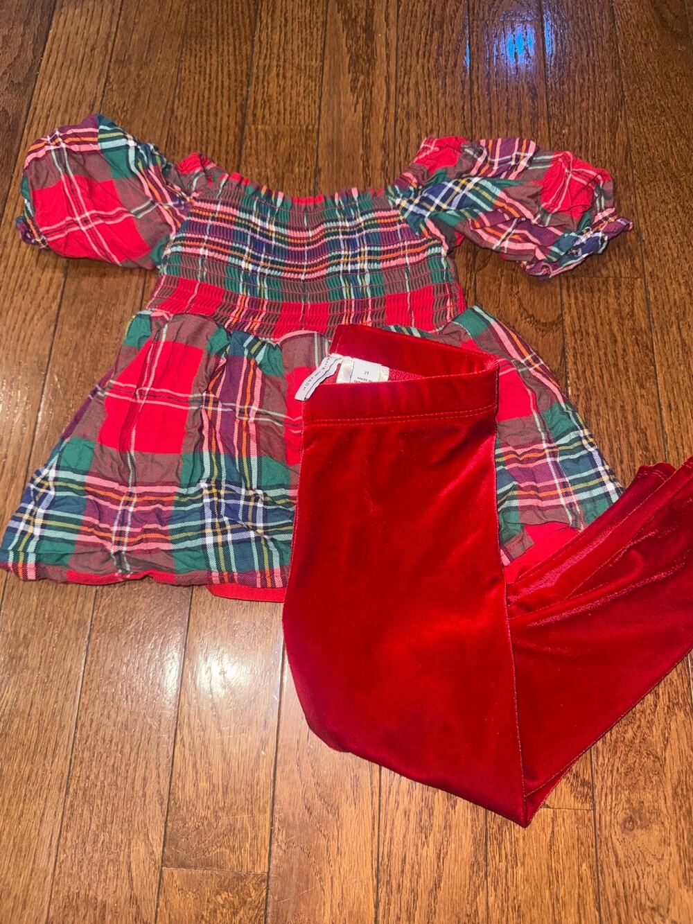 Janie and Jack 2/3THoliday Tartan Smocked Top & Red Velour Leggings Set